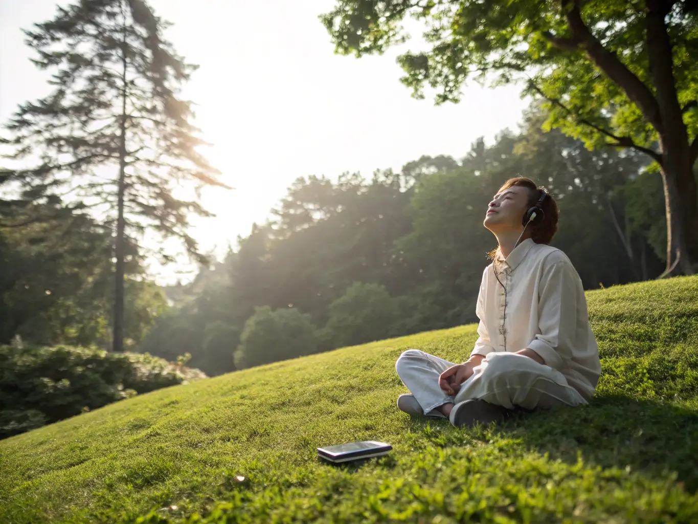 A person meditating in a park in Edinburgh, Scotland, with a laptop nearby, representing mindset development and work-life balance.