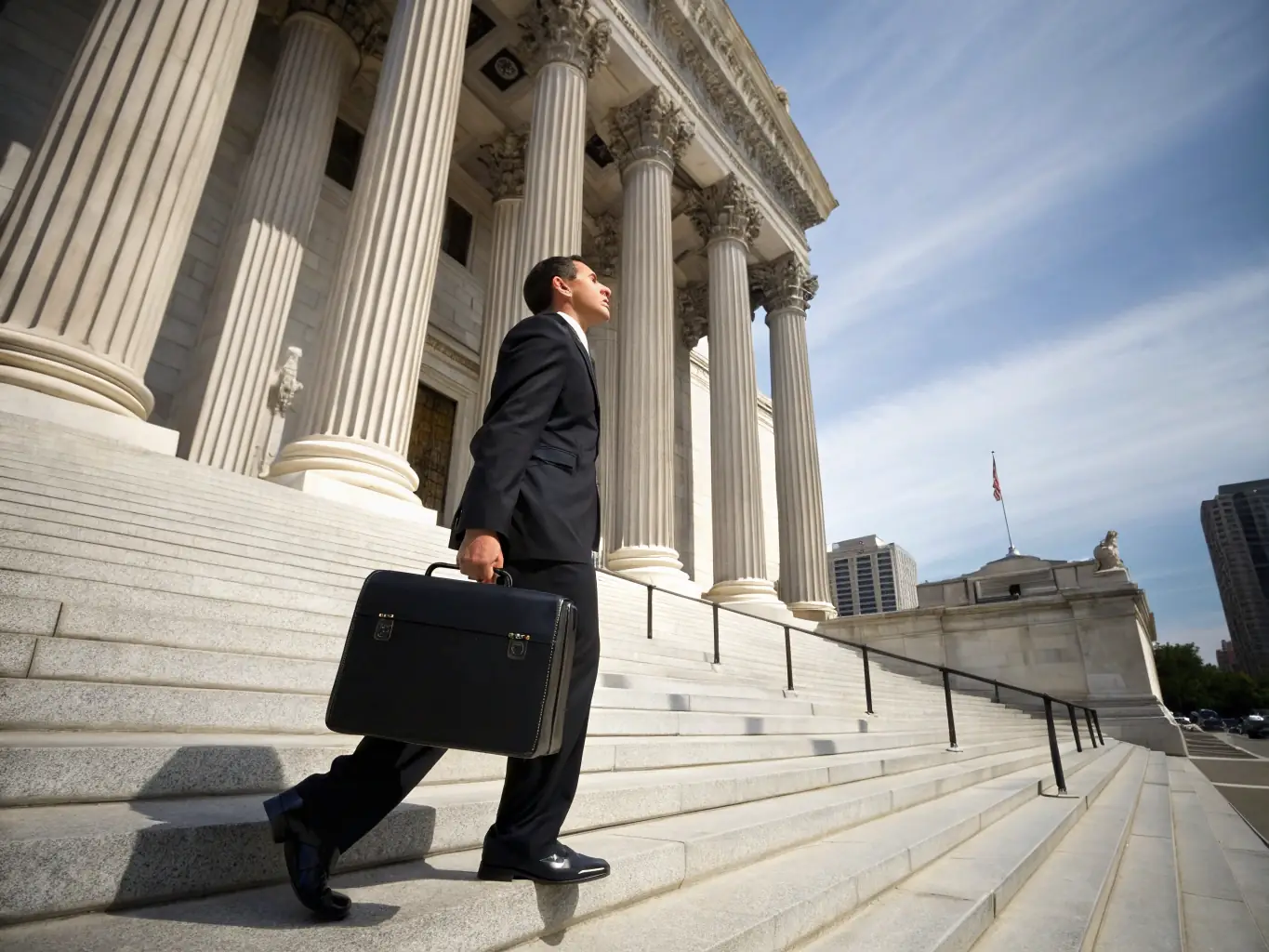 A professional business coach in a sharp suit, standing confidently in front of a modern office building in London, UK, symbolizing business growth and success.